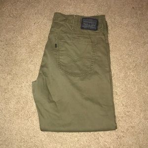 Olive green jeans. Straight leg.